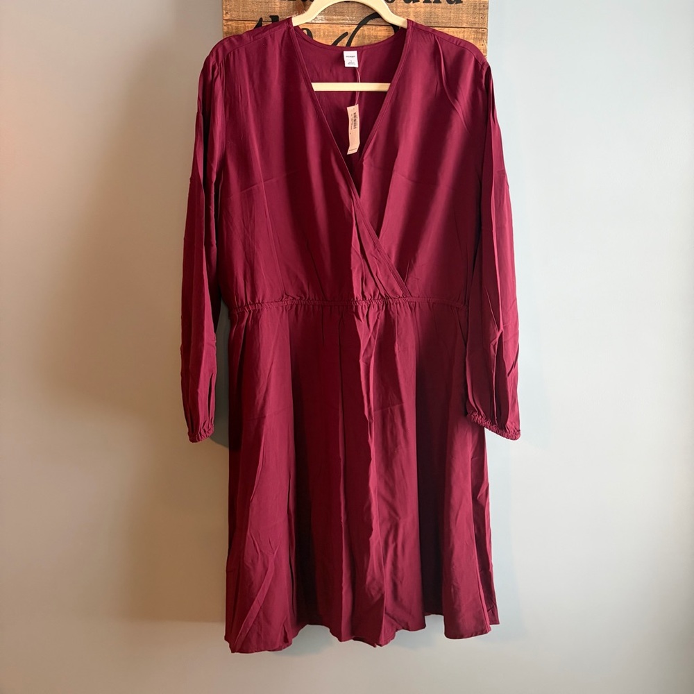 Old Navy Burgundy Wine Cranberry Long Sleeve Wrap Look Dress NWT